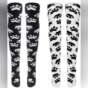 2 Pair Black and White Fuzzy Animal Paw Print Socks